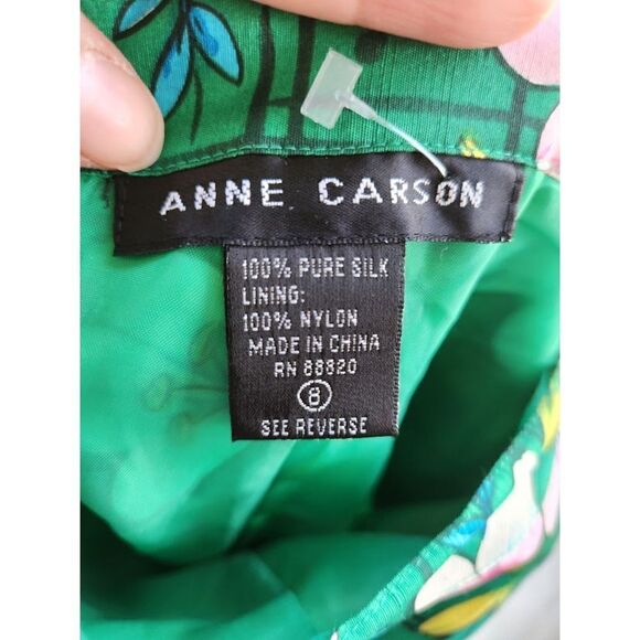Anne Carson Women Green w/Multicolor Floral 100% Silk Trouser Pants size 8 - Picture 6 of 7